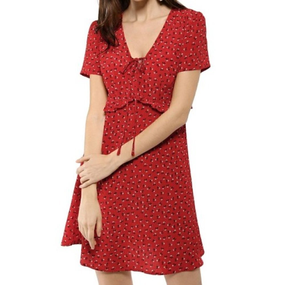 Allegra K Cherry Red Floral‎ Ruffle Trim Short Sleeve Mini Dress S